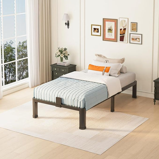 Yitong Angel 10 inch Twin Bed Frame with Round Corner Legs Mattress Slide Stopper,Low Profile Heavy Duty Metal Platform,No Box Spring Needed,Steel Slat Support,Easy Assembly,Noise Free