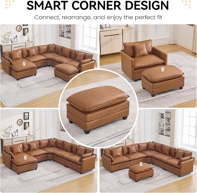 WUTUTUEE 35'' Modern Leather Cloud Sofa Ottoman,Rectangle Ottoman for Modular Sectional Sofa, Leather Light Brown