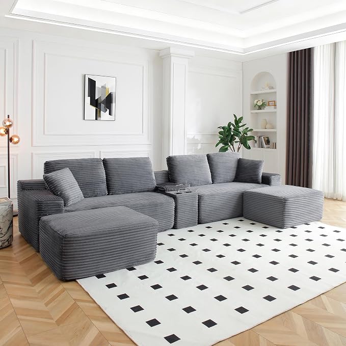 ivoros 125 Inch Modular Sectional Sofa Couch, Oversized Modern Cloud Couch for Living Room, U Shape Couches with 2 Ottomans, USB Ports and Cup Holders, Grey Corduroy Boneless Sofas, Sofa in a Box