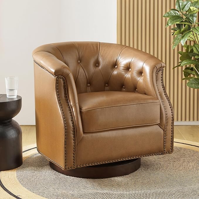 HULALA HOME Genuine Leather Swivel Accent Chair, Swivel Rocker Barrel Chair, Traditional Chesterfield Armchair with Button-Tufted Design, No Assembly Required, Camel