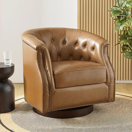 HULALA HOME Genuine Leather Swivel Accent Chair, Swivel Rocker Barrel Chair, Traditional Chesterfield Armchair with Button-Tufted Design, No Assembly Required, Camel