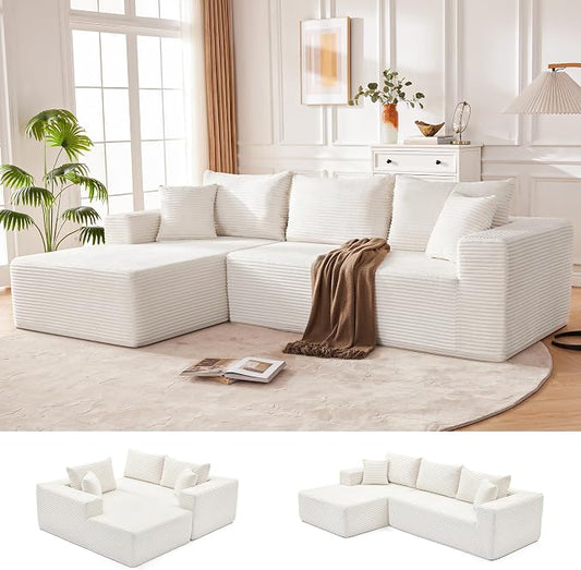Mangodan 110” Cloud Sectional Couch, Modular Sectional Sofa for Living Room, Boneless Sofa with Deep Seat, Comfy Fluffy Couch with L-Shaped Chaise, No Assembly Required (Left-Facing Chaise, Beige)