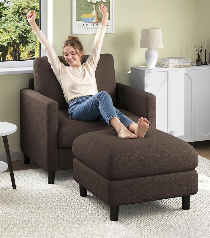 Welzona Sofa Accent Chair with Ottoman, 33" Reading Chair and Ottoman Set for Bedroom, Tool-Free Setup Living Room Accent Chairs, Comfy Arm Chairs Living Room, All-Wood Reading Nook, Brown