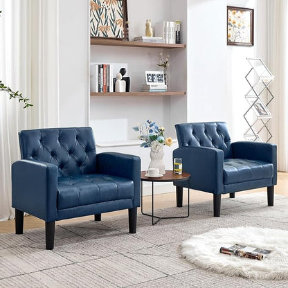 TYBOATLE Accent Chairs Set of 2 Comfy Living Room Chair Leather Tufted Mid Century Modern Accent Chair, Small Cozy Reading Arm Chair for Office, Bedroom (2, Blue)