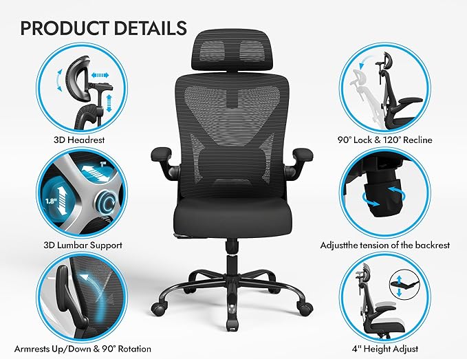 Ergonomic Office Chair - X-Shaped Computer Desk Chair Comfy, Gaming Chair, Office Chair with Lumbar Support, Mesh Office Chairs with Headrests, Desk Chair for Long Hours, Black Silver, Pack of 2