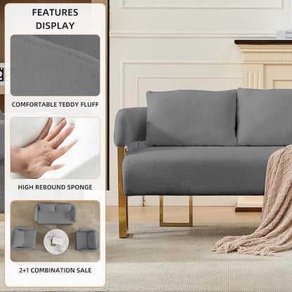 YISHENG Loveseat Sofa and 2 Accent Chairs Comfy Sofa Modern Accent Chairs for Living Room with Golden Legs Teddy Upholstered Reading Armchairs no Wheels for Reception Room//Bedroom/Lounge/Office,Grey