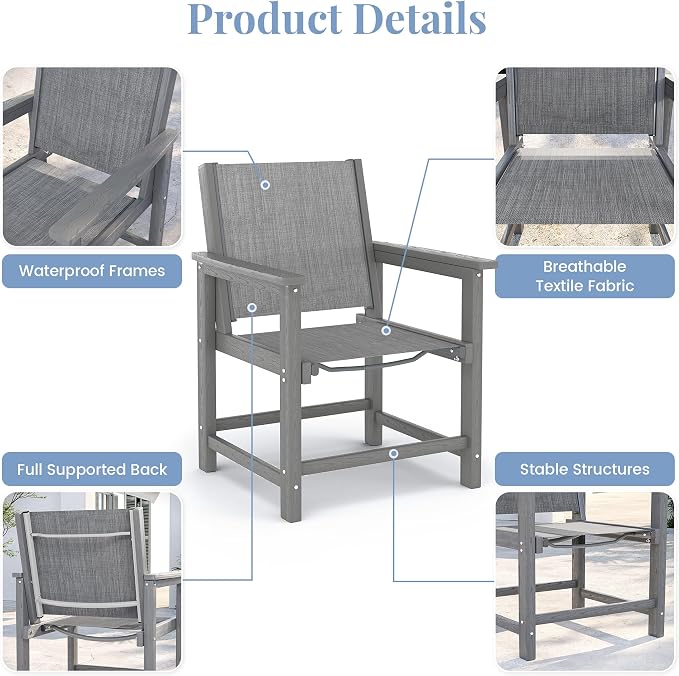7 Piece HDPE Patio Dining Set, All-Weather Outdoor Table and Chair Sets with Umbrella Hole Outdoor Dining Table Sets of 6 Textilene Fabric Patio Chairs for Backyard, Poolside, Garden, Deck(Gray)