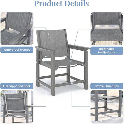 7 Piece HDPE Patio Dining Set, All-Weather Outdoor Table and Chair Sets with Umbrella Hole Outdoor Dining Table Sets of 6 Textilene Fabric Patio Chairs for Backyard, Poolside, Garden, Deck(Gray)