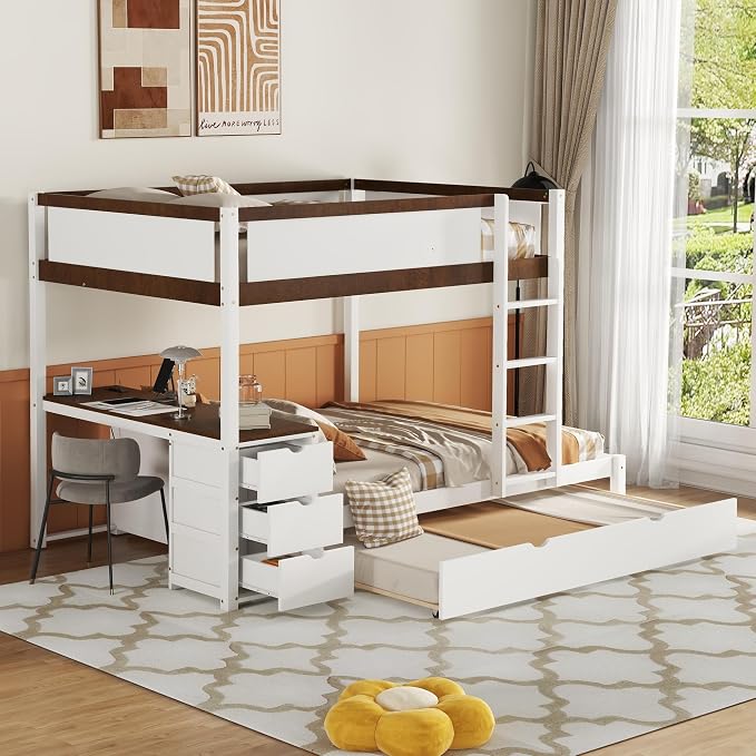 Harper & Bright Designs Full Over Full Bunk Bed Twin Size Trundle, Wood Full Bunk Bed with USB Ports, Storage and Desk, White+Walnut