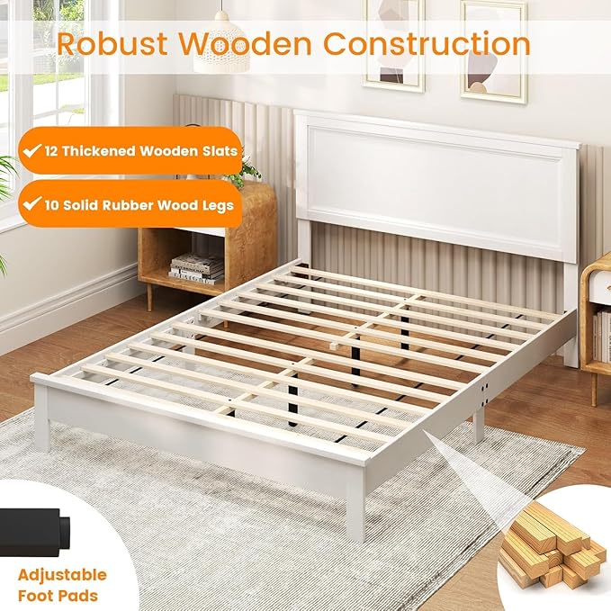 Wood Bed Frames with Headboard, Mid Century Bed Frame with Solid Wood Legs & Wooden Slat Support, Mattress Foundation Bed Base, No Box Spring Needed, (White, Queen (U.S. Standard))