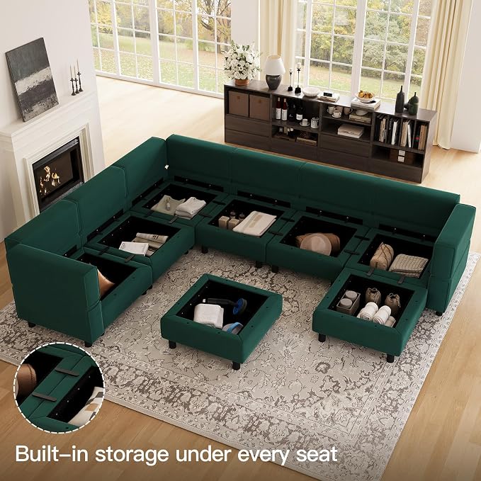 Belffin Modular Sectional Sofa with Storage Seat Oversized U Shaped Couch with Reversible Chaise Velvet Sofa Set with Ottoman Green