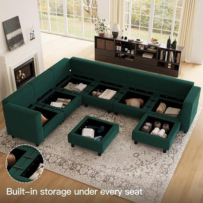Belffin Modular Sectional Sofa with Storage Seat Oversized U Shaped Couch with Reversible Chaise Velvet Sofa Set with Ottoman Green