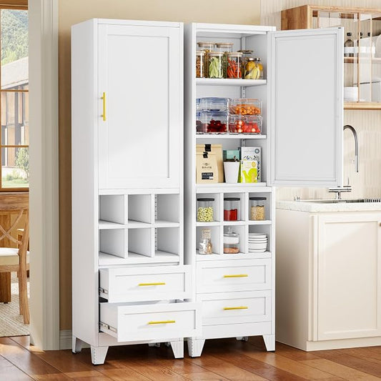 Tall Metal Narrow Storage Cabinet 67" H with 2 Drawer,White Kitchen Pantry Cabinets with 2 Adjustable Shelves and Door,Cuby Storage Orgainzer,Tall Bathroom Cabinet for Kitchen, Home Office,Dining Room