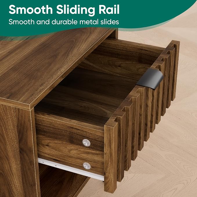 Smuxee Walnut Wooden Night Stand Set of 2, Mid Century Nightstand with Fluted Drawer, Bedside Table with Open Shelf, Modern End Side Table for Bedroom