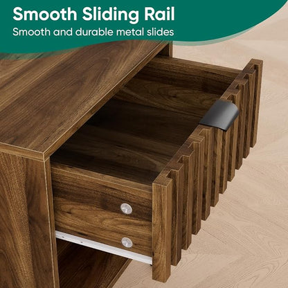 Smuxee Walnut Wooden Night Stand Set of 2, Mid Century Nightstand with Fluted Drawer, Bedside Table with Open Shelf, Modern End Side Table for Bedroom