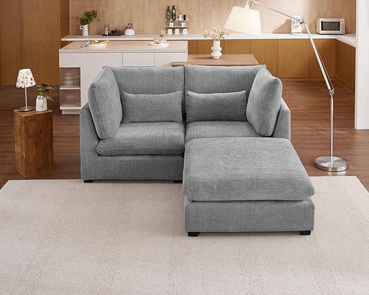 77" Oversized Chenille Couch Modular Sectional Sofa, Washable Cloud Couch Sectional with Ottoman, 3 Seater Sectional Couches for Living Room, Fully Cover Removable, L Shaped, Chenille, Grey