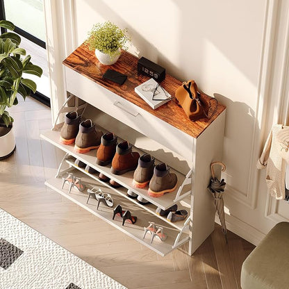 VINGLI Shoe Cabinet for Entryway, Farmhouse Slim Shoe Rack Storage with 3 Flip Drawers, Rustic Brown Top & Washed White Body, Narrow Hidden Shoe Organizer for Hallway, 9.5" Depth