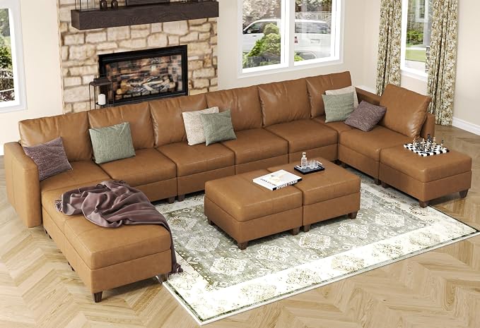 EASE MOOSE Faux Leather Sectional Sofa，U Shaped Faux Leather Modular Sectional Sofa ，Brown Modular Couch for Living Room