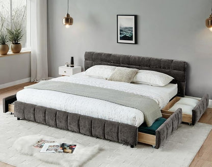KEIKI King Thick Chenille Bed Frame with 4 Storage Drawer & Upholstered Tufted Headboard, Modern Solid Wood Floor Platform for Bedroom, No Box Spring Needed