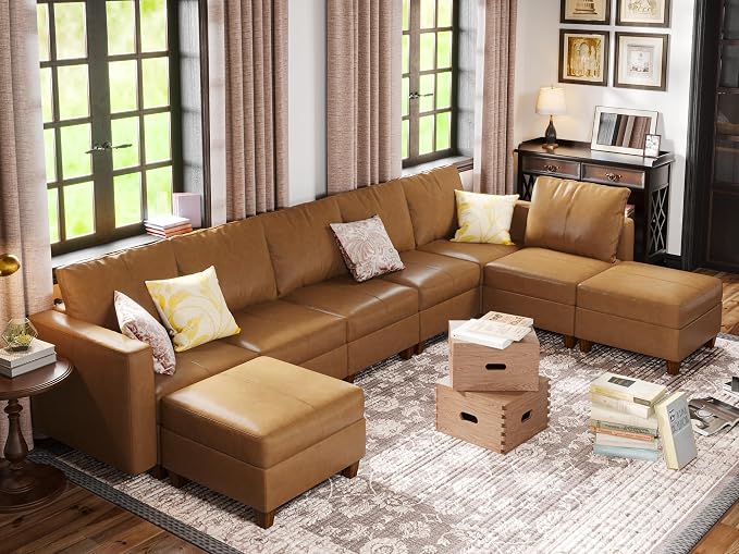 EASE MOOSE U Shaped Modular Sectional Sofa with Storage, Faux Leather Sectional Couch for Living Room,Brown
