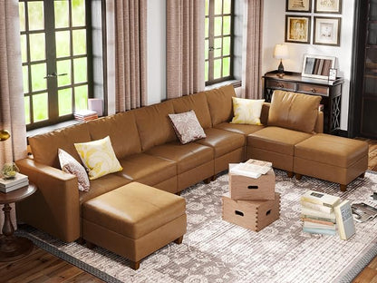 EASE MOOSE U Shaped Modular Sectional Sofa with Storage, Faux Leather Sectional Couch for Living Room,Brown