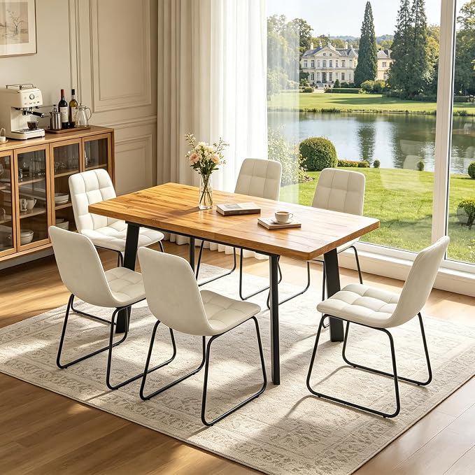 Extendable Dining Table Set for 4 to 8 People, 47.2" to 63" Modern Kitchen Table Set with 6 Chairs, MDF Dining Room Table and Chairs with Removable Extension Leaf (Walnut Table+U-Shaped White Chairs)