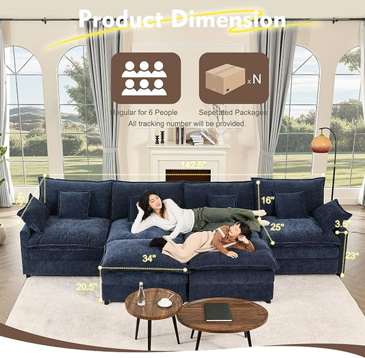 GOSUHI 142.5" U-Shaped Modular Cloud Couch, Deep Seat, Chenille Navy | Cloud Comfort, Couches for Living Room, Removable & Machine-Washable Covers, Movable Ottoman, Modular Sectional Sofa