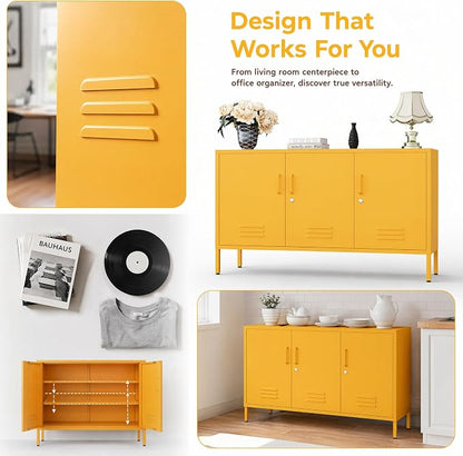 Yellow Wide Metal Storage Cabinet, 32" H Heavy Duty Steel Locker with Lock, 2 Adjustable Shelves & Ventilated Doors for Home Office Kitchen Living Room
