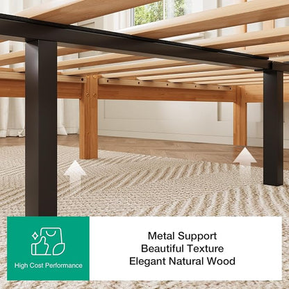 Novilla 12 Inch King Size Bed Frame Solid Wooden King Bed Frame and Headboard, King BedFrames with Classic Headboard, No Box Spring Needed, Easy Assembly, Natural Grain Wood