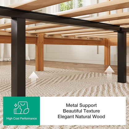 Novilla 12 Inch Queen Bed Frame with Headboard, Queen Size BedFrame with Headboard Classic Wooden Bed Frame Queen Size with Wood Slat Support, No Box Spring Needed, Easy Assembly, Natural Grain Wood