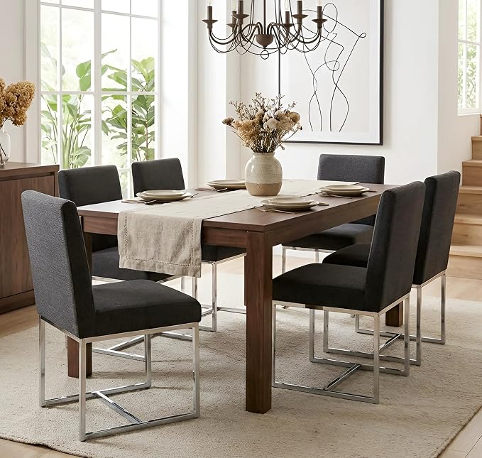 VESCASA Linen Upholstered Dining Chairs Set of 4, Mid Century Modern Padded Chair with Chrome Metal Frame for Restaurant, Dining Room, Kitchen, Charcoal