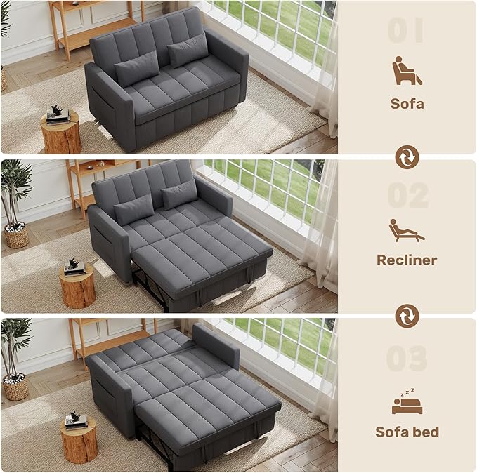 Nebuaegis Sleeper Sofa Bed,3-in-1 Convertible Pull Out Couch with Adjustable Backrest for Living Room,Loveseat Sofa Bed with Side Pockets,Easy Assembly,Light Gray,1 PCS