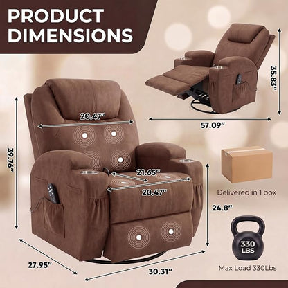 JUMMICO Small Swivel Rocker Recliner, 360 Rocking Chair Recliner with Massage, Upholstered Fabric Rocker Recliner with Cup Holder for Living Room, Bedroom, Nursery (Brown)