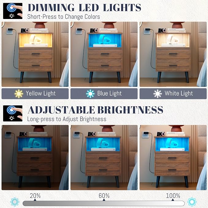 LVSOMT Brown Bedroom Nightstand with Charging Station and LED Lights, Modern Bedside Table with Hidded Drawer, Smart Night Stand with Open Storage Shelf, USB Port, Metal Legs