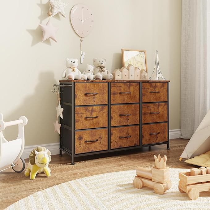 Dresser for Bedroom, Small Fabric Dressers for Kids Bedroom, 9 Drawers Dresser for Closet, Storage Organizer Chest of Drawers for Nursery, Dorm, Apartment, TV Stand, Wood Top, Side Hook (Rustic Brown)
