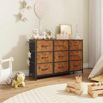 Dresser for Bedroom, Small Fabric Dressers for Kids Bedroom, 9 Drawers Dresser for Closet, Storage Organizer Chest of Drawers for Nursery, Dorm, Apartment, TV Stand, Wood Top, Side Hook (Rustic Brown)