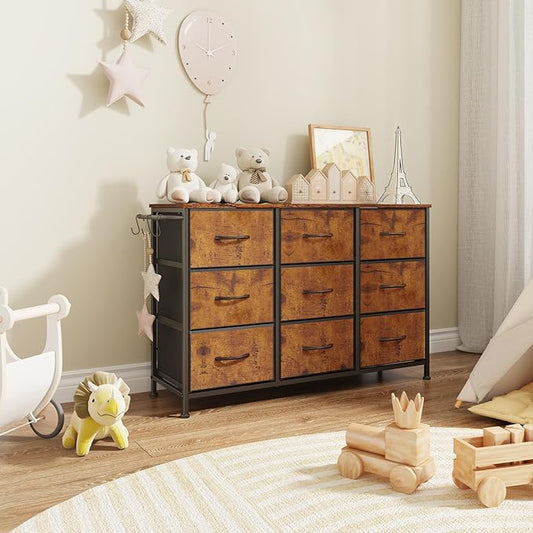 Dresser for Bedroom, Small Fabric Dressers for Kids Bedroom, 9 Drawers Dresser for Closet, Storage Organizer Chest of Drawers for Nursery, Dorm, Apartment, TV Stand, Wood Top, Side Hook (Rustic Brown)