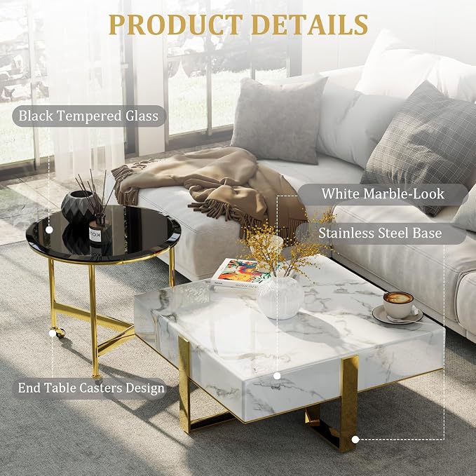 White Faux Marble Coffee Table Set with End Table, Luxurious Gold Coffee Tables 2 in 1, Nesting Coffee Table Set for Living Room Apartment