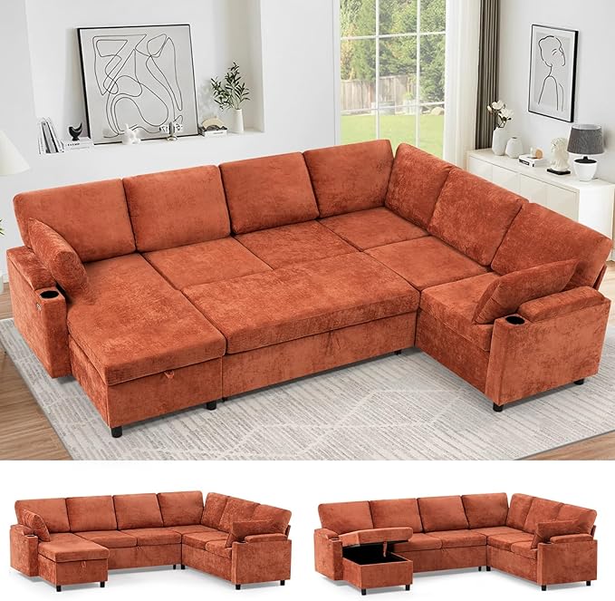 110" Chenille Sectional Sofa w/Pull Out Bed &Storage Chaise, Orange | Reversible U Shape Sofa w/Storage Armrests & Cup Holders, Corner Couch w/USB Charging Port & Throw Pillows for Living Room