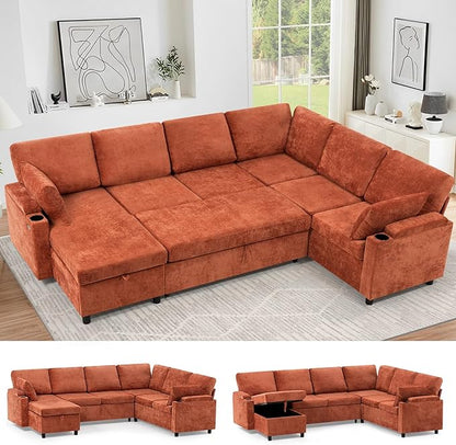 110" Chenille Sectional Sofa w/Pull Out Bed &Storage Chaise, Orange | Reversible U Shape Sofa w/Storage Armrests & Cup Holders, Corner Couch w/USB Charging Port & Throw Pillows for Living Room