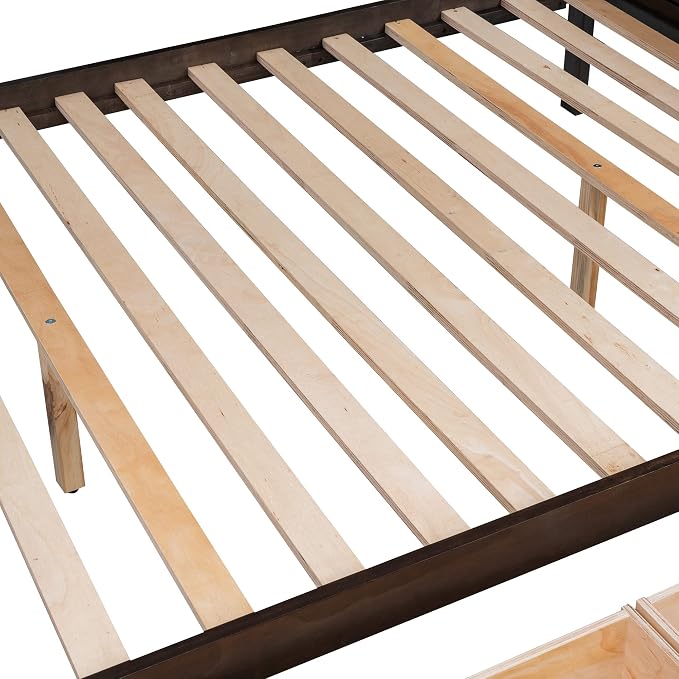 MERITLINE Twin Over Full Bunk Bed with Stairs, Storage Shelves and Drawers, Solid Wood Bunk Bed Frame with Storage, for Teens Adults (Espresso)