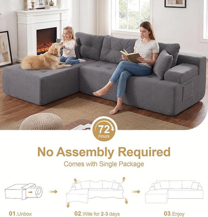 Hobestluk Modular Sectional Sofa Couches L-Shape Couch 3 Seat Modular Sofa Memory Foam Sectional Couches for Living Room, Cloud Couch with Oversized Chaise (Grey Tufted, 96", Left Hand Facing)