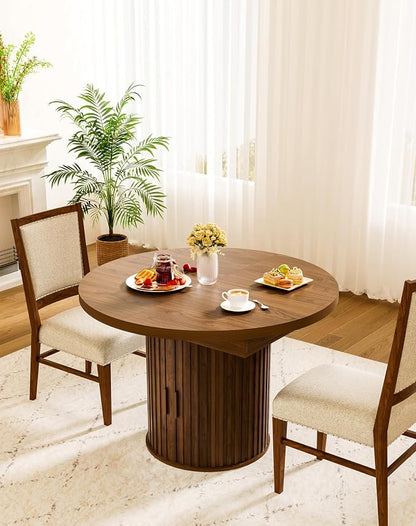 43"-59" Extendable Round Dining Table with Hidden Storage, Modern Wooden Kitchen Table with Fluted Sliding Door Cabinet, Oval Dining Table for Dining Room Living Room, Walnut