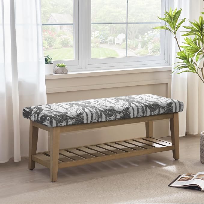 Zihanhome Entryway Shoe Bench with Cushion, End of Bed Bench,Upholstered Bench for Kitchen, Bench with Solid Wood Shelf, Fabric Ottoman Bench for Hallway, Living Room (Textured Grey)