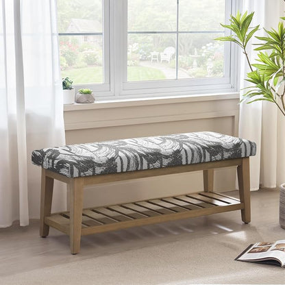 Entryway Bench with Cushion, Upholstered Shoe Rack Bench with Solid Wood Shelf, 44" End of Bed Bench for Bedroom, Chenille Fabric Storage Bench for Entryway, Hallway, Living Room (Textured Grey)
