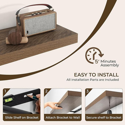 RICHFOCUS 8 Inch Floating Shelves for Wall Small Square Shelves Set for Bedroom|Kitchen|Bathroom|Laundry Room Rustic Wood Wall Mounted Shelf with Invisible Brackets for Books|Storage|Decor, Walnut