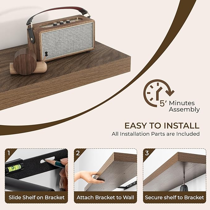 RICHFOCUS 28Inch Floating Shelves for Wall 2 Pack Shelves for Bedroom|Kitchen|Bathroom|Laundry Room Rustic Wood Wall Mounted Shelf with Invisible Brackets for Books|Storage|Decor, Walnut