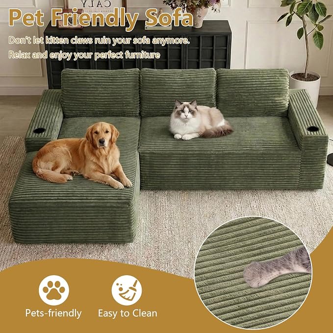104" Cloud Sectional Couch L-Shaped with Side Pockets Cup Holders, Corduroy Boneless Couch for Living Room,Upholstered Deep-Seat Modular Sectional Sofa, No Assembly Required (Green,Left Facing Chaise)