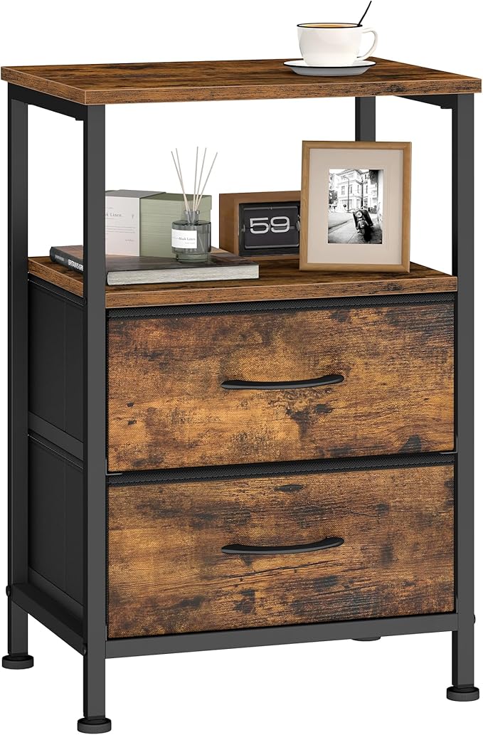 SONGMICS Nightstand, Bed Side Table, End Table with 2 Drawers and 1 Open Shelf, Industrial, Rustic Brown, BELLAH Collection ULGS052K101S