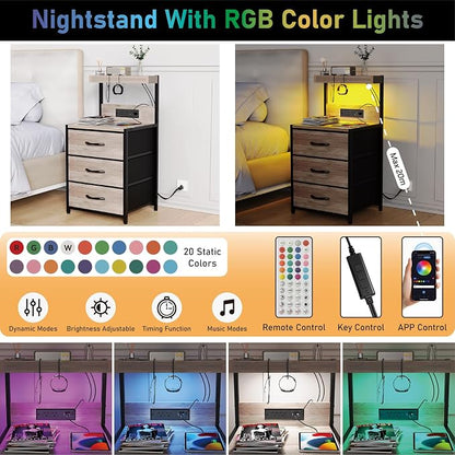 SZLHANJZ Night Stand Set 2 with LED Lights for Bedroom, Bedside Nightstands with Power Outlet and Type C Port, Matching Tables with 3 Fabric Drawers, Hooks, and Shelves, Greige